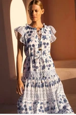 NWT Oliphant Cinched Flirty Midi Marion Blue Flutter Sleeves XS Cotton Voile 0/2