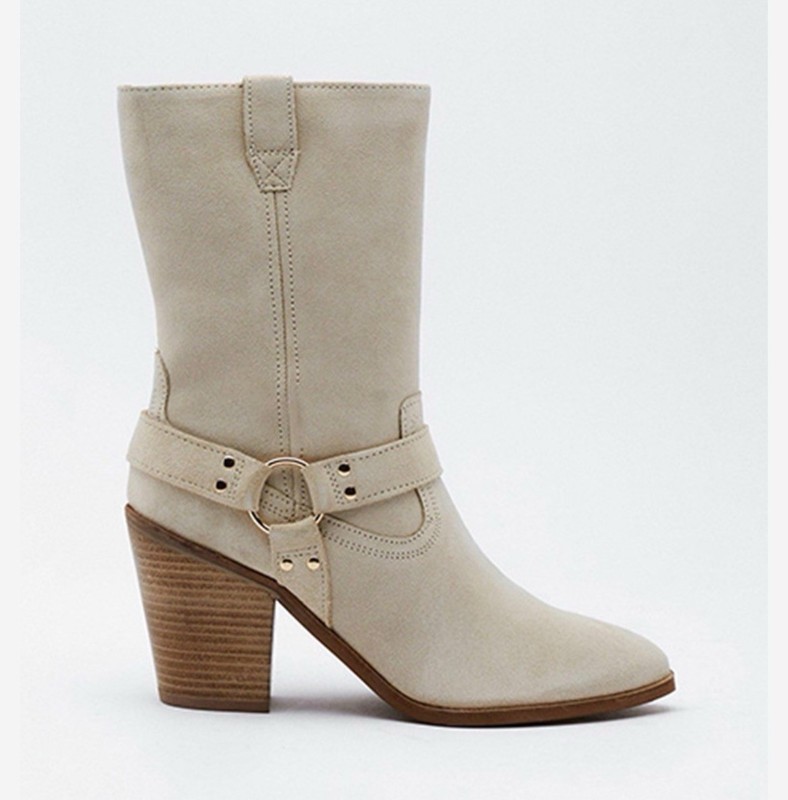 NASTY GAL Suede Harness Detail Cowboy Boots Mid-Calf, Mid-Heel, Beige Size 6-W