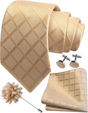 3.15 Inch Mens Tie Set with Lapel Pin, Hankerchief Cufflinks, Plaid Checkered