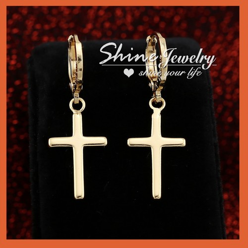 9K PLAIN GOLD FILLED LADIES GIRL MENS SOLID CROSS DROP DANGLE HOOP EARRINGS GIFT