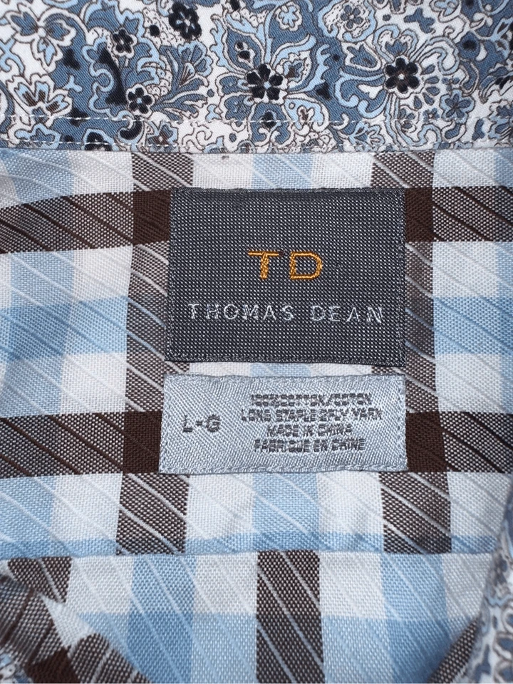 Camisa TD Thomas Dean para hombre talla L azul a cuadros manga larga con botones puño abatible Foto 2 de 4
