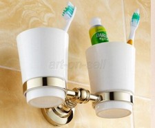 Gold Color Brass Toothbrush Holder With Double Ceramic Cups Holder Wall Mounted