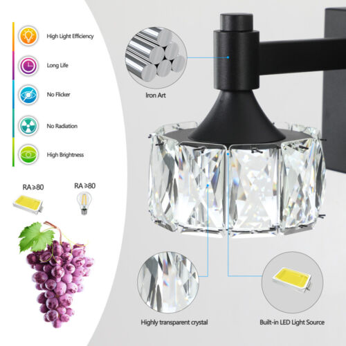 6-Light Matte Black LED Vanity Light with Crystal Shades for Modern Bathrooms - Picture 6 of 9