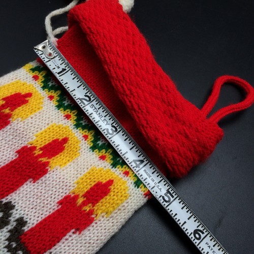Vtg Knit 17" Christmas Stocking Happy Holidays Candles Red Green White Pom Poms - Picture 4 of 5