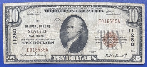 1929 Ten Dollar National Currency Bill $10 Note - Seattle Washington #73776