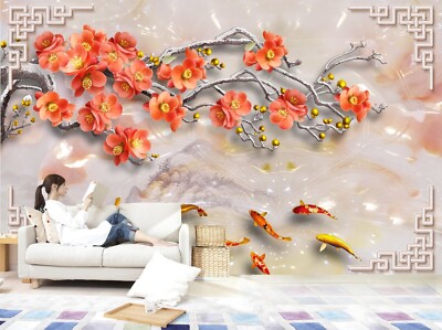 3D Red Flower Branch ZHUA21502 Wallpaper Wall Murals Removable Self-adhesive Ann