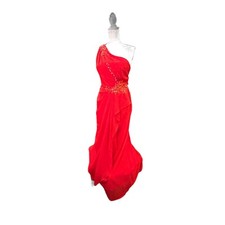 JJs House Red Formal Gown Beaded Sleeveless One Arm Long Flowing Chiffon B34 W29