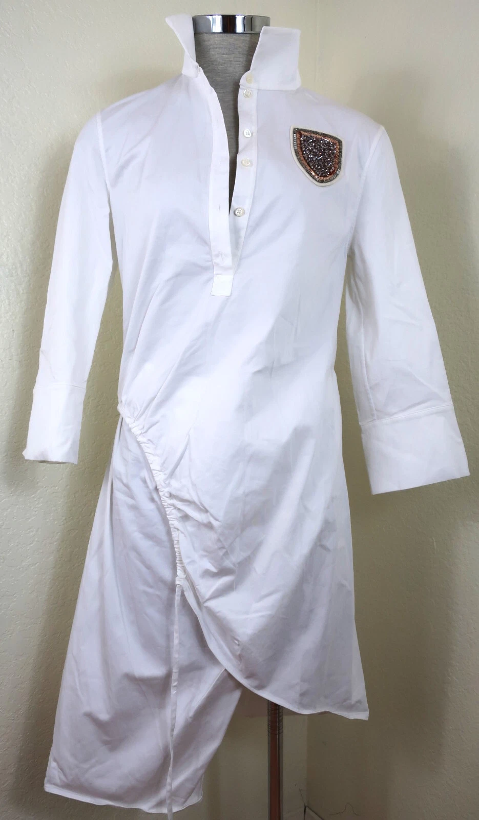 CHRISTIAN DIOR Camicia Mini Abito Tunica Bianco Cotone L S Applique XS Small 0 2 4