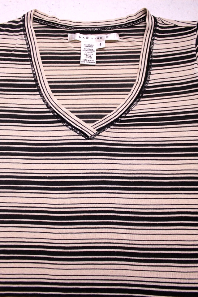 CAMISETA MAX STUDIO MEZCLA LINO Damas Talla S Beige Negro Rayas Manga 3/4 Foto 2 de 4