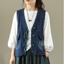 Ladies Vintage Denim Waistcoat Tank Top Gilet Ethnic Chinese Frog Button Casual