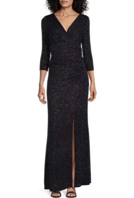 NWT SLNY 8P Navy Long Sleeve V-neck Empire Waist Front Slit Metallic Dress 