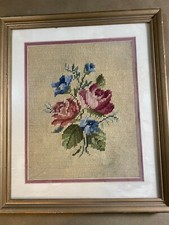 Vintage Needlepoint "Two Red Roses Scene" - Framed