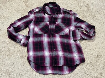 #ad Express Womens Shirt Size XS Multicolor Plaid Embellished Studded Button Down $14.99