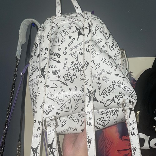 PREOWNED -GUESS Lucianna Black White Logo Graffiti Print Chain Backpack Handbag - Picture 2 of 11