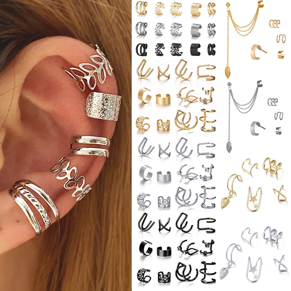 12Pcs/Set Stainelss Steel Clip Ear Cuff Earring Fake Cartilage Earring For  Women No Piercing Clip Earrings Set Earcuff Jewelry