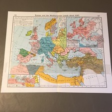 year 1097 Europe Mediterranean Lands  1950's color Vintage Map Folded Wall Art