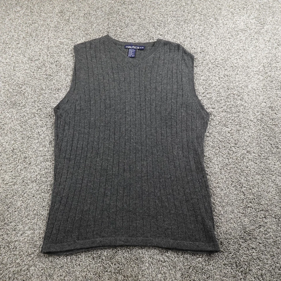 De Colección Suéter Nautica Para Hombres M Gris Seda Cachemira Lana Acanalado Tejido Cuello en V Chaleco Suave Foto 2 de 4