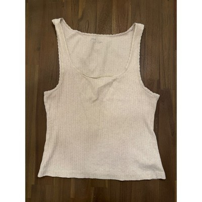 Aerie Ribbed Tank Top Oatmeal Beige Picot Lace Trim Scoop Neck Large RN54485