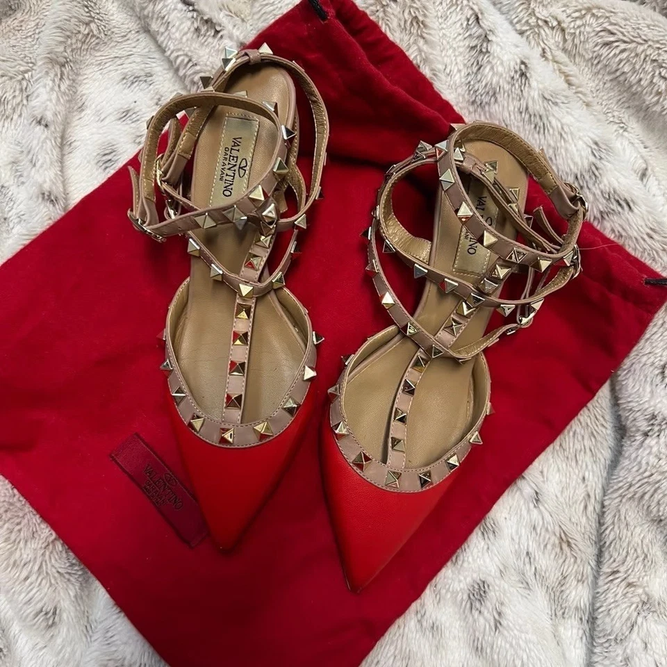 Valentino Garavani Rockstud Tacones Cuero 7 Correa al Tobillo Zapatos 38 Rojo Foto 3 de 3