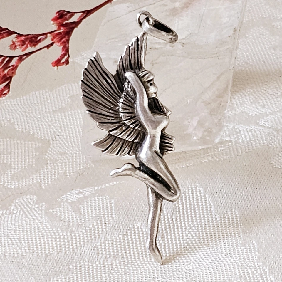 Pendentif Argent 925 Vintage Femme Ailée Ange Fée 43x15mm Hors Bélière Poinçonné - Photo 3/4
