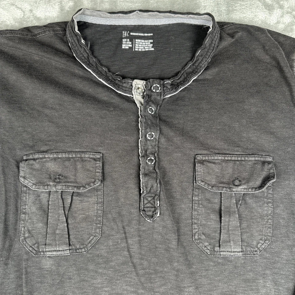 INC Long Sleeve Henley Men's Size XL Black Snap Button Grunge Distressed Hot Guy - Image 2 of 4