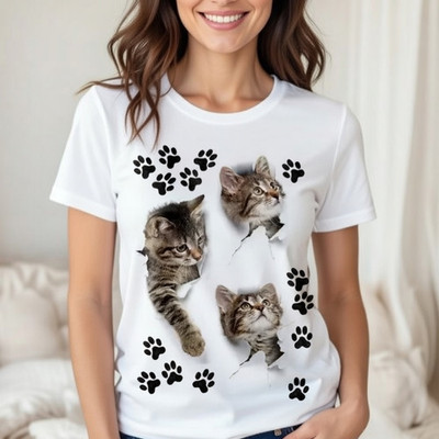 3D Cute Kittens Graphic T-Shirt Women Large L White Cat Paw Print Short Sleeve