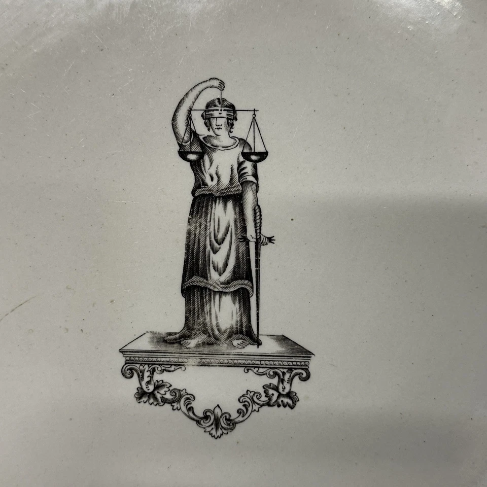 Antique 'Justitia Virtutum Regina' Ironstone Grocer’s Scale Plate & Attachment - Image 3 of 4