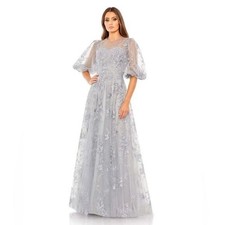 Mac Duggal Floral Embroidered Gown Dress Womens 8 Silver Illusion Line Bridal