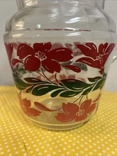 Vintage Clear Glass Ice Lip Ribbed Pitcher Red Orange Flowers Green Leaf 50s 60s