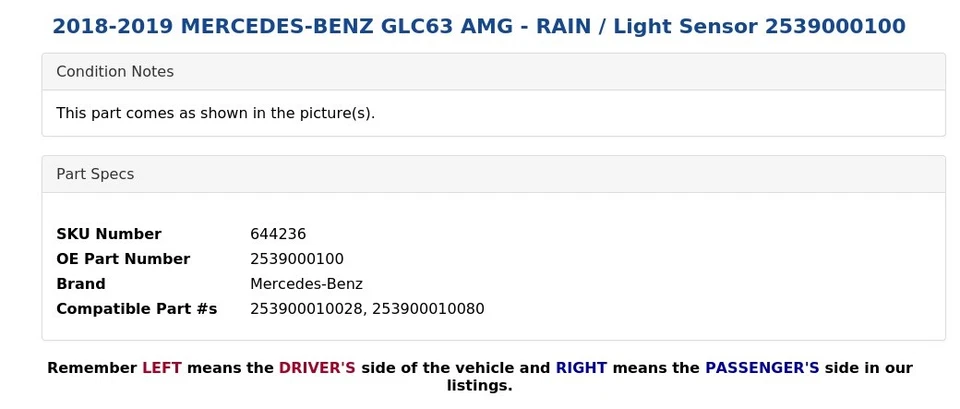 Mercedes-Benz GLC63 AMG 2018-2019 - Sensor de lluvia/luz 2539000100 Foto 4 de 4
