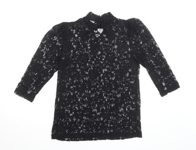 Vila Clothes Damenbluse schwarz Spitze hochgeschlossen 3/4-Ärmel Größe 10