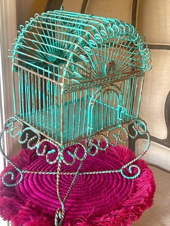 Antique Turquoise Bird Cage 16” Metal Home Decor