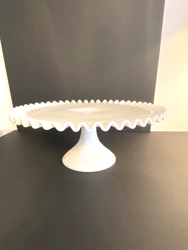 Vintage Fenton White Milk Glass Hobnail Ruffled Edge Pedestal Cake Stand MINT