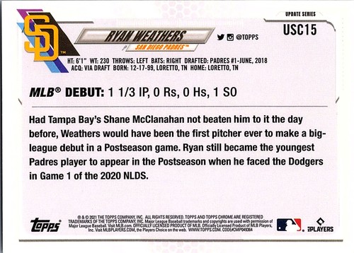 Actualización Topps Ryan Weathers 2021 #US178 San Diego Padres - Imagen 2 de 2