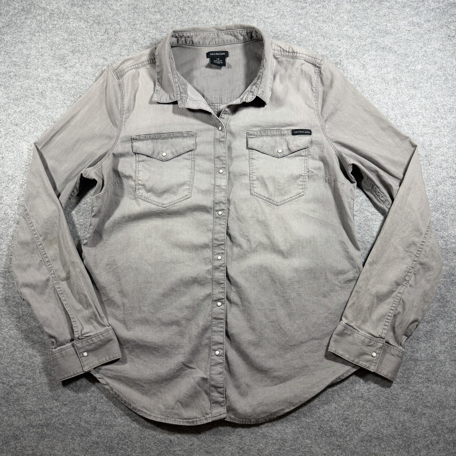 Vintage Calvin Klein Denim Shirt Mens L Gray Pearl Snap Western Button Up