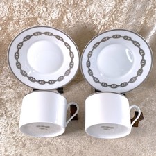 Hermes Large Morning Soup Cup  Saucer Chaine d'Ancre Platinum Porcelain 2 Sets