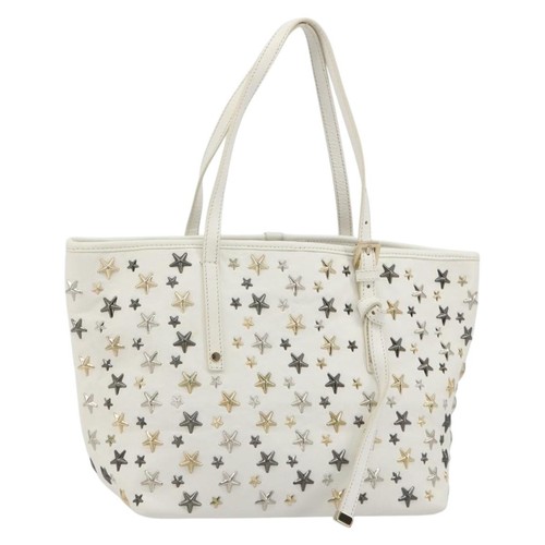 Jimmy Choo Tote Bag Leather White Gold Silver Auth 183632A