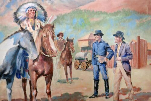 Rare Oil Painting - "Native Americans Arrive at a Military Fort in Wyoming" - Picture 14 of 20