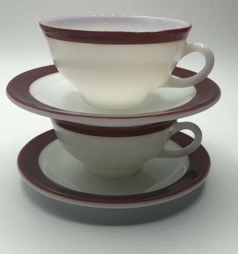 Vtg 2 Sets Coffee Tea Cup & Saucer 4 pcs PYREX Milk Glass Red Band - Picture 2 of 5