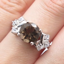 925 Sterling Silver Real Round-Cut Smoky Quartz  C Z Ring Size 8
