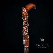 Hand Carved Comfortable handle quality Grape & Vines Wooden Walking Cane Stick