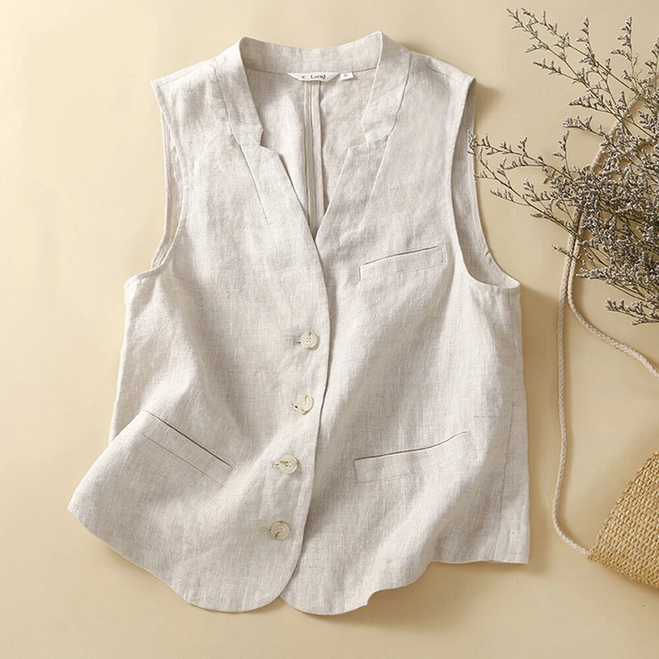 Women's Thin Linen Vest Casual Loose V Neck Sleeveless Vests Jacket Waistcoat - Image 2 of 4
