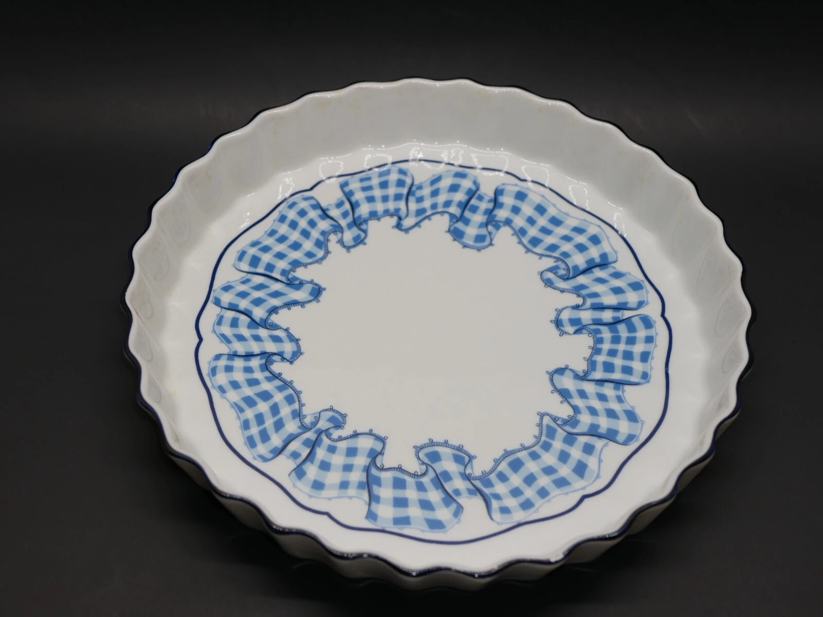 L Lourioux Le Faune Porcelain Pie Dish Fluted Sides Blue Plaid Made in France