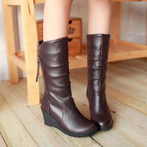 Women Casual Pu Leather Shoes High Wedge Heels Side Zip Mid Calf Boots Plus Size - Picture 1 of 13