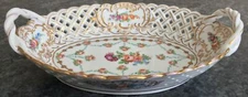 antique DRESDEN porcelain pierced handpainted DRESDEN SPRAYS HANDLED BOWL