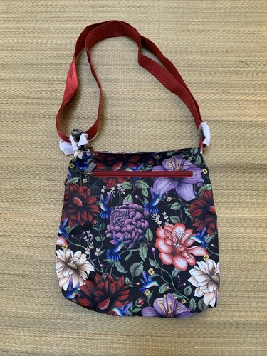 Anuschka Wanderlust Fabric Crossbody Slim Floral Red Black - Picture 6 of 12