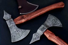 CUSTOM HANDMADE DAMASCUS STEEL CAMPING AXE WITH LEATHER SHEATH