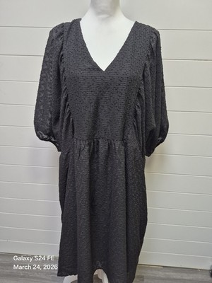 Women's Black Textured Dress with Sheer Puff Sleeves Size 3X Whimsygoth Witchy