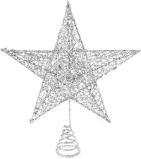 Christmas Star Tree Topper 8 Inches - Silver Glitter Ornaments Metal Hollow