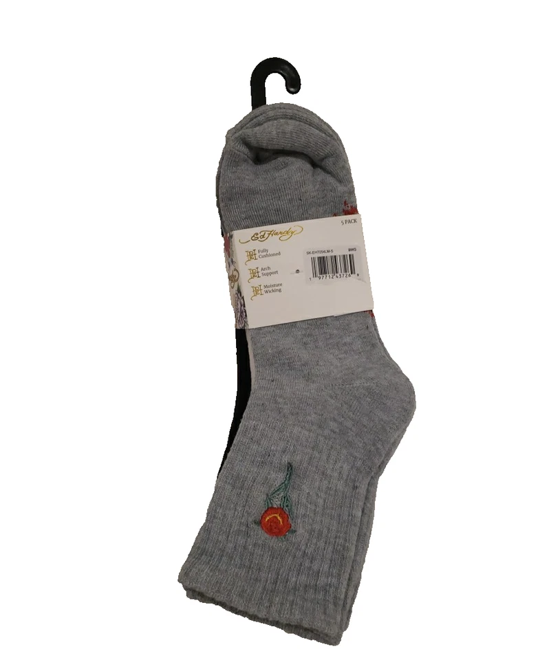 Ed Hardy Para Mujer 5 Pares Acolchados Medio Crew Calcetines Flor Calavera Talla 4-10 NUEVO Foto 3 de 4
